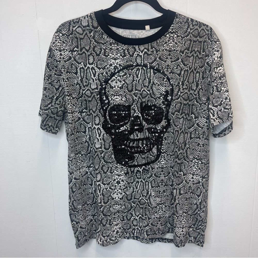 Guess Women’s Size Large Snake Print Skull Tee Top Black and Gray Sequin Rock - Picture 3 of 8